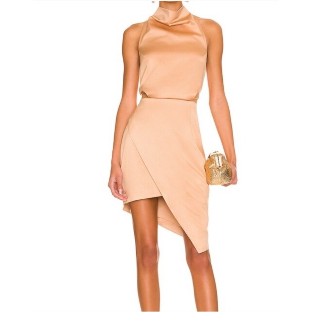 Elliatt Camo Dress Size S Camel Tan Asymmetrical Tulip Hem Cocktail Evening Chic